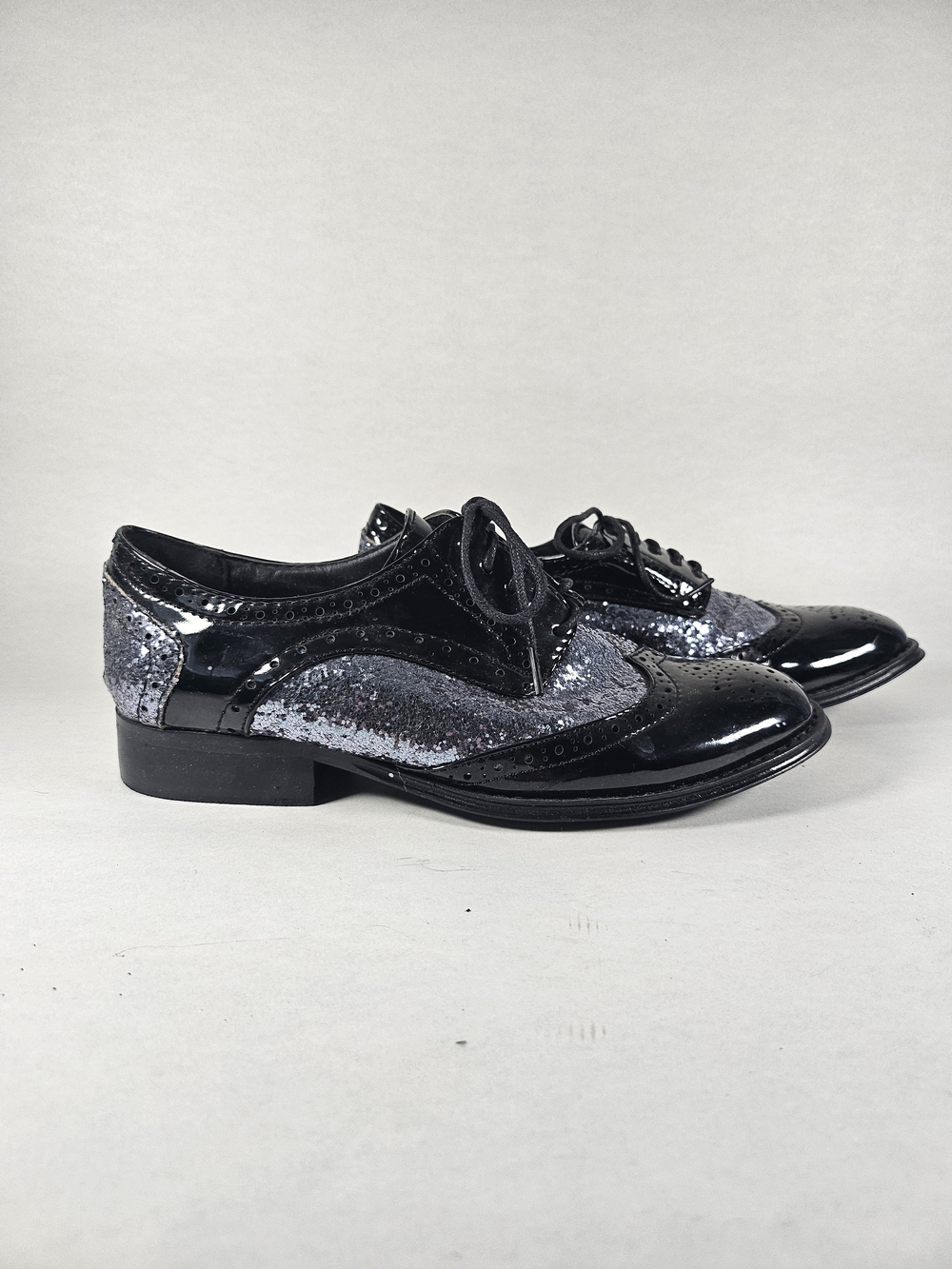 Wanted Black Patent and Silver Glitter Wingtip Oxfords 7